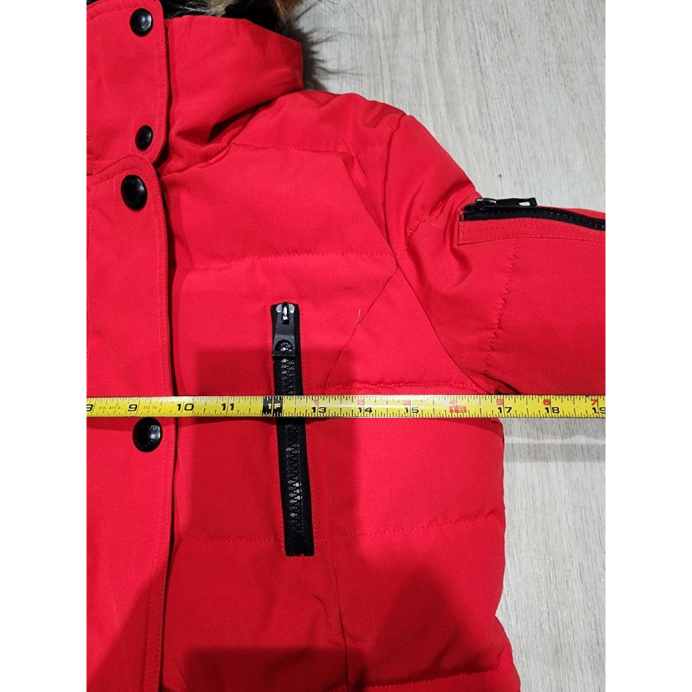 GUESS Puffer Parka Jacket Faux Fur Hood Red S/CH/XS Zip Pockets Winter Used - Picture 10 of 13